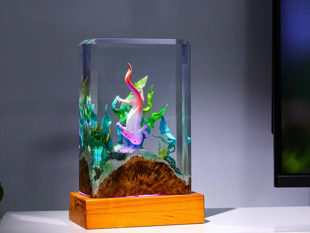 Axolotl Undersea Ocean Theme Diorama Epoxy Resin Lamp, Night Light